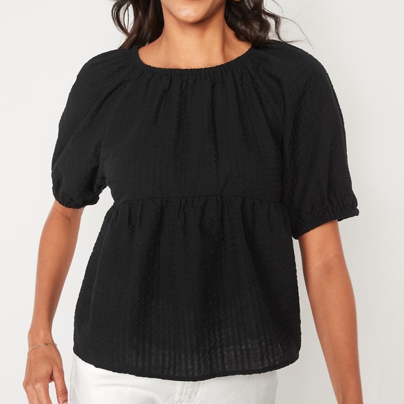 Old Navy Puff Sleeve Seersucker Babydoll Swing Blouse - Picture 1 of 4